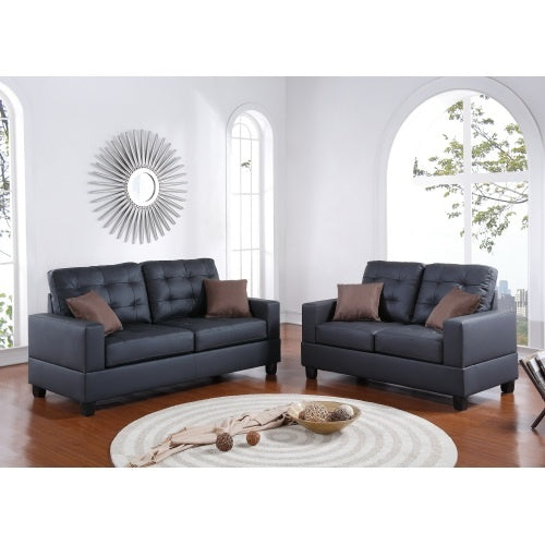 Living Room Furniture 2pc Sofa Set Black Faux Leather Tufted Sofa Loveseat W Pillows Cushion Couch CoolZStuffs