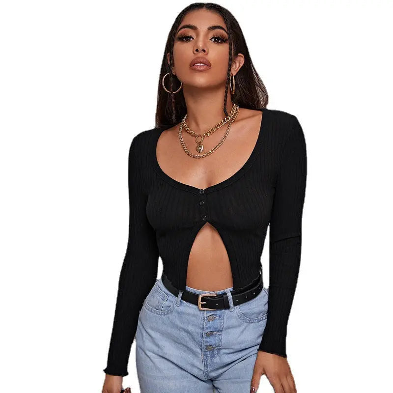 Long Sleeved Crop Cardigan Top Sexy Button Knit T-shirt Dress Me Up