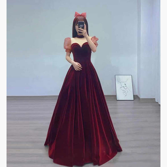 Noble Wine Red Velvet Toast Bridal Gown Dress Me Up