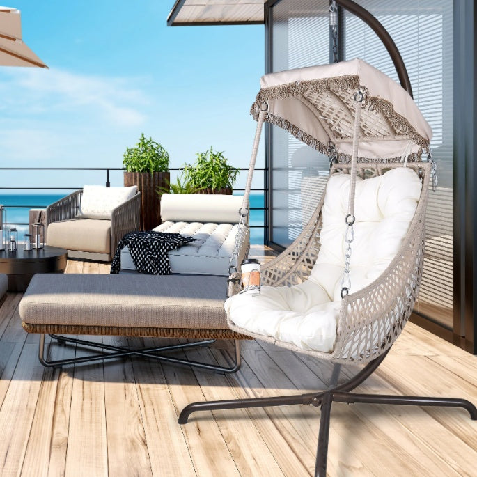 Indoor And Outdoor Swing Egg Chair With Stand, Beige UV Protection Cushion Hanging Chair With Cup Holder CoolZStuffs