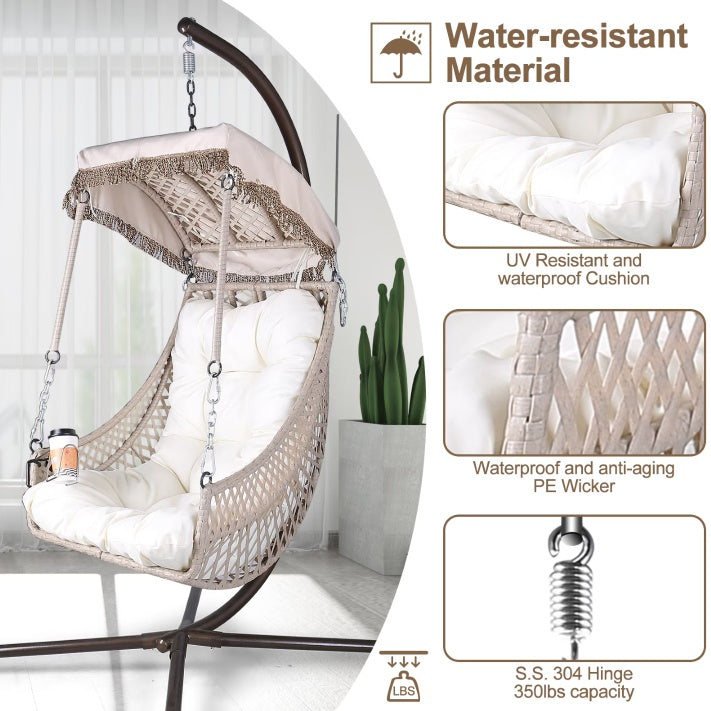 Indoor And Outdoor Swing Egg Chair With Stand, Beige UV Protection Cushion Hanging Chair With Cup Holder CoolZStuffs