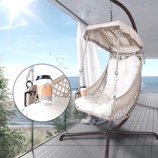 Indoor And Outdoor Swing Egg Chair With Stand, Beige UV Protection Cushion Hanging Chair With Cup Holder CoolZStuffs