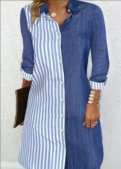 Stylish Striped Print Color Block Shirt Dress - Versatile Long Sleeve For Chic Spring & Fall Looks - Comfortable Womens Clothing For Everyday Wear Dress Me Up