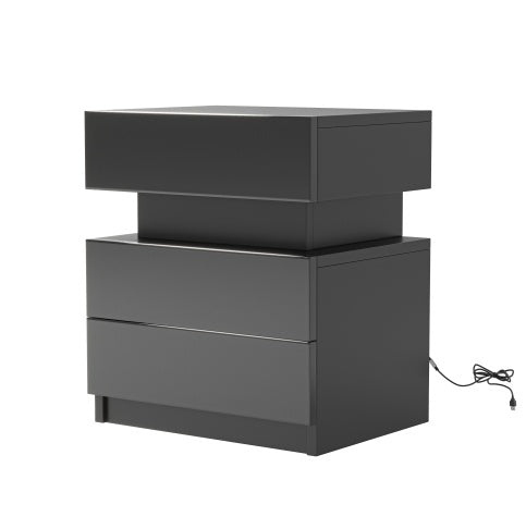 NEW LED Nightstand Modern Black Nightstand With Led Lights Wood Led Bedside Table Nightstand With 2 High Gloss Drawers For Bedroom CoolZStuffs