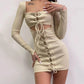 Square Neck Cut Out Tie Long Sleeves Mini Dress Dress Me Up