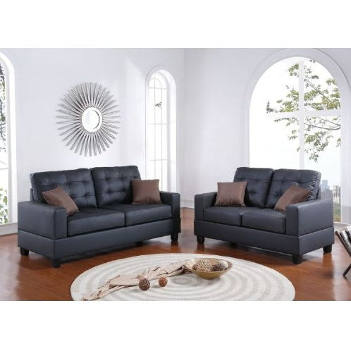 Living Room Furniture 2pc Sofa Set Black Faux Leather Tufted Sofa Loveseat W Pillows Cushion Couch CoolZStuffs