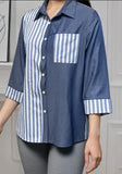 Stripe Print Button Front Blouse, Casual Sleeve Pocket Top For Spring & Summer, Women's Clothing Dress Me Up