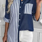 Stripe Print Button Front Blouse, Casual Sleeve Pocket Top For Spring & Summer, Women's Clothing Dress Me Up