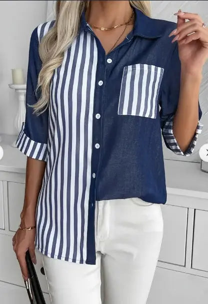 Stripe Print Button Front Blouse, Casual Sleeve Pocket Top For Spring & Summer, Women's Clothing Dress Me Up