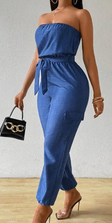 Women's Summer Casual Denim-Look Strapless Jumpsuit With Utility Design Dress Me Up