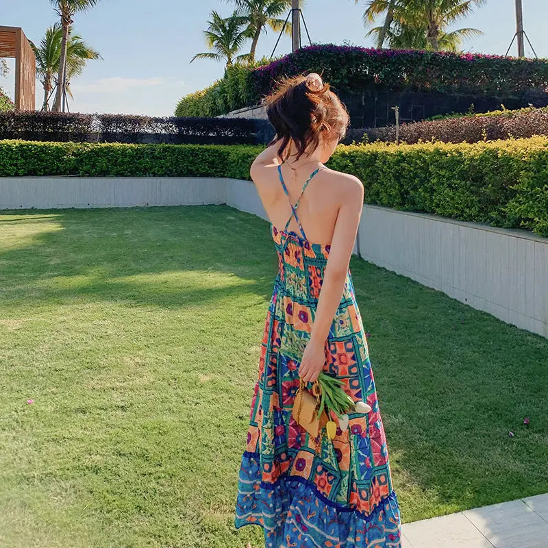 Bohemian Cross Back Tropical Maxi Summer Dress