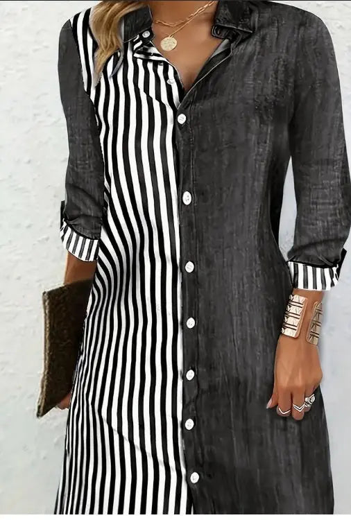 Stylish Striped Print Color Block Shirt Dress - Versatile Long Sleeve For Chic Spring & Fall Looks - Comfortable Womens Clothing For Everyday Wear Dress Me Up