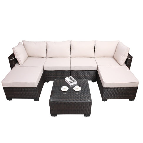 Outdoor Garden Patio Furniture 7Piece PE Rattan Wicker Cushioned Sofa Sets And Coffee Table, Patio Furniture Setoutdoor Couchoutdoor Couch Patio Furnitureoutdoor Sofapatio Couch CoolZStuffs