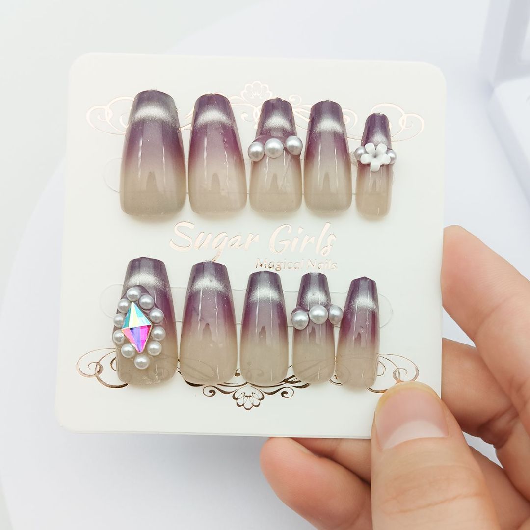 Eggplant Color Set With Pearl Diamond Nails Dress Me Up