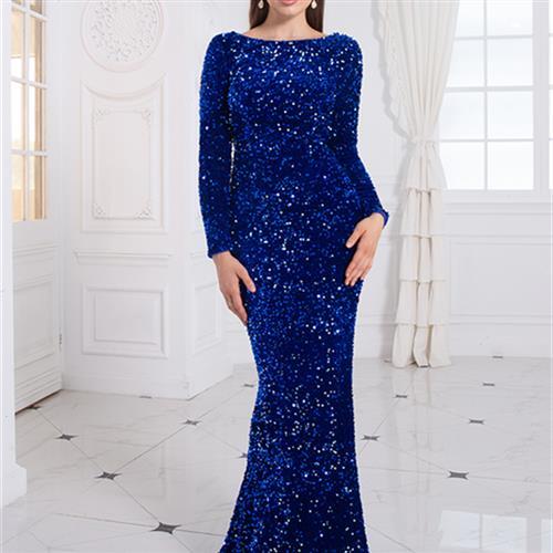 Women Modest Stretch Sequin Royal Blue Evening Prom Gown Party Dress Me Up