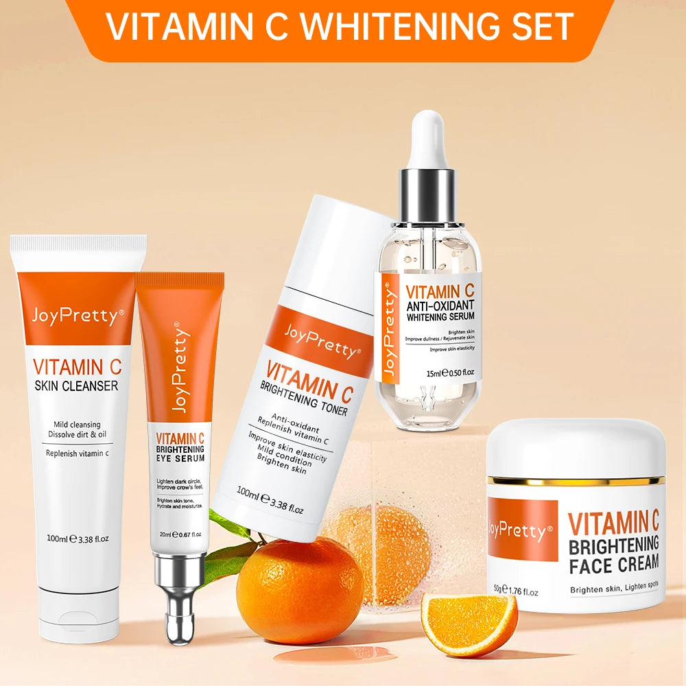 Joypretty Vitamin C Face Skin Care Kit 5Pcs Whitening Cream for Dark Skin Serum Cleanser Facial Skin Lightening Moisturizing Set