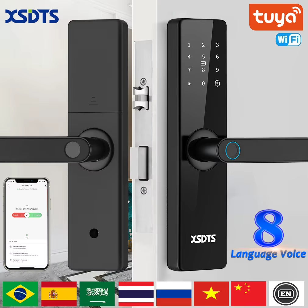 Smart WiFi Electronic Door Lock - Biometric Fingerprint, Smart Card, Password, Key Unlock & USB Emergency Charge