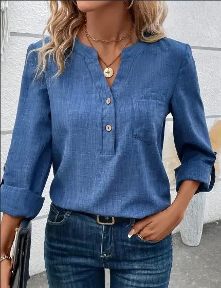 V-Neck  Blouse With Pockets,Elegant And Classic Design,Machine Washable And Dryable,Suitable For Spring,Summer,And Fall Dress Me Up