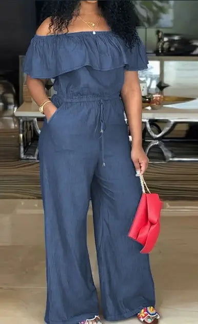 Solid Off Shoulder Tie Waist Jumpsuit Elegant Ruffle Trim Wide Leg Jumpsuit Women's Clothing Dress Me Up