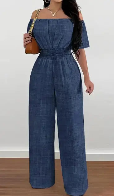 Elegant Off-Shoulder Short Sleeve Waist Cinch Jumpsuit - Solid Color, Machine Washable For Spring Summer Fall Dress Me Up