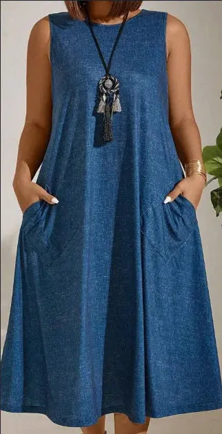 Plus Size Sleeveless Round Neck Solid Color Dress With Pockets, Summer Maxi Women Outfit Dress Me Up