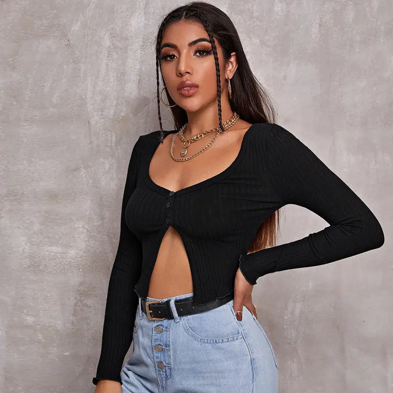 Long Sleeved Crop Cardigan Top Sexy Button Knit T-shirt Dress Me Up