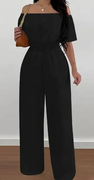 Elegant Off-Shoulder Short Sleeve Waist Cinch Jumpsuit - Solid Color, Machine Washable For Spring Summer Fall Dress Me Up