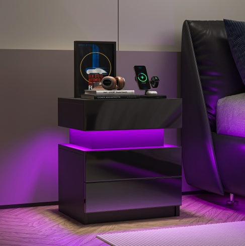 NEW LED Nightstand Modern Black Nightstand With Led Lights Wood Led Bedside Table Nightstand With 2 High Gloss Drawers For Bedroom CoolZStuffs